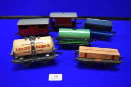 Six Hornby O Gauge Wagons, Tankers, Tipping Trucks, and Brake Vans 1930’s and 50’s