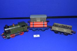 Hornby No.1 Clockwork Tank Loco 1930’s and Three Cargo Wagons