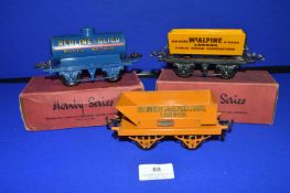 Three Hornby O Gauge Loose Goods Carriers and Tanker