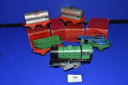 Hornby M4 Clockwork Loco with Two Tankers, Crane, Tipper, and Key