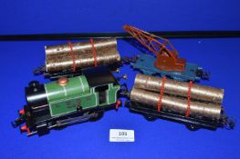 Hornby O Gauge Clockwork Loco 101 LNER plus Crane Truck and Two Timber Wagons