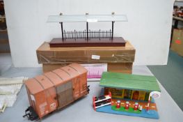 O Gauge Waiting Station Scenery, Tinplate Petrol Station, and Fowler E Train Covered Wagon