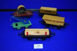Five O Gauge Railway Good Wagons, Crane, Cable Carriers, Side Loader and Twister