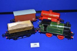 Hornby O Gauge Clockwork Loco with Two Goods Wagons, and a Tanker