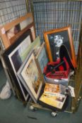 Cage Lot Including Assorted Framed Pictures, Plate