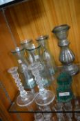 Four Carafes, Large Glass Vase, Candlesticks, and