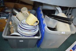 Two Storage Boxes of Kitchenware Including Enamel Items, Vases, etc.