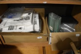 Two Boxes of Assorted Small Plastic Plates, Lids, Large White Desk Vest Carriers, etc.