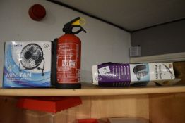 Mixed Lot Including Mini Fan, 1kg Dry Powder Fire Extinguisher, and Front Seat Protectors