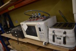 Contents of Shelf Including Toaster, Microwave, Trays, Printer, etc.