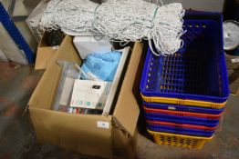 Quantity of Baskets, and a Box of Assorted Items Including Gloves, Infrared Thermometer, etc.