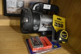 Super Bright Halogen Torch, Stanley 3m Tape Measure, and a 33pc Drill/Driver Bit Set