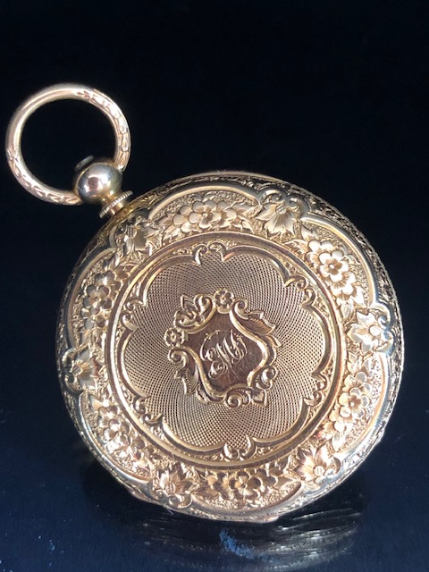 18ct Gold half hunter pocket fob watch with royal blue roman numerals, opening to white enamel - Image 4 of 9