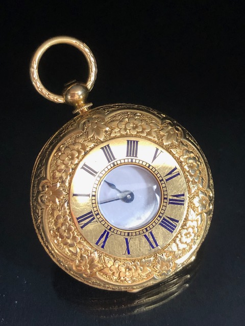 18ct Gold half hunter pocket fob watch with royal blue roman numerals, opening to white enamel
