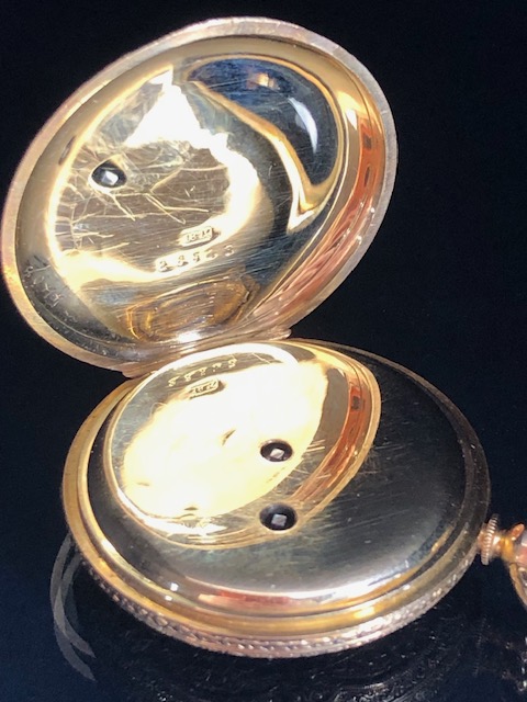 18ct Gold half hunter pocket fob watch with royal blue roman numerals, opening to white enamel - Image 6 of 9