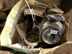 Various early glass lenses, a speedometer, Edwardian lamp etc.
