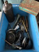 A box of vintage oilers, car horns, a brass footwarmer etc.