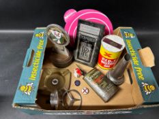A box of petroliana inc Redex, Chemico, Fina, Riley, Bedford Driver's Club, Mercedes, Pink Paraffin,