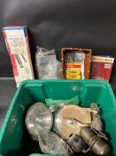 Two boxes - foot pumps, car lamps, cycle repair kits, petrol caps, a Lambretta service book etc.