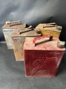 Four two-gallon petrol cans - Esso, Shell Motor Spirit, Shell Aviation Spirit, 185 inc.a Pratts
