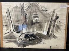 An original Gordon Horner (1915-2006) grey wash on paper, this artwork was for an article titled '