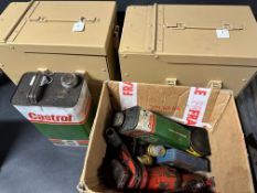 Two military-style metal containers and petrol-related tins
