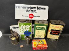 An autojumbler's lot including three gallon oil cans, Trico advertising, Lucas cycle lamp in box