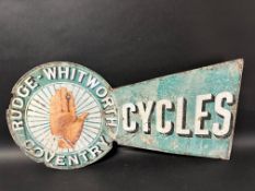 A Rudge-Whitworth Coventry Cycles double sided enamel advertising sign with flange, 25 x 13