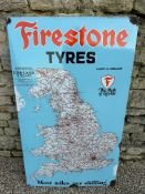 A Firestone Tyres enamel advertising sign depicting a map of England and Wales, 28 1/2 x 48 1/4