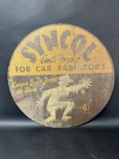 A Syncol Anti-Freeze for car radiators 'Keeps Jack Frost at Bay' tin advertising sign, 19 1/4