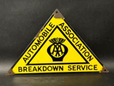 An AA Breakdown Service triangular enamel advertising sign, 12 1/4 x 7 1/2