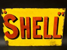 A Shell double sided enamel advertising sign by Bruton, London, lacking flange, 23 3/4 x 15