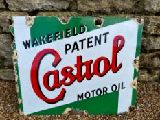 A Wakefield Castrol Motor Oil double sided enamel advertising sign with hanging flange, 20 x 16