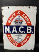 An N.A.C.B. Navy & Army Canteen Board double sided enamel hanging advertising sign, 18 x 24