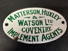 A Matterson, Huxley & Watson Ltd. of Coventry small oval enamel advertising plaque, 5 x 3