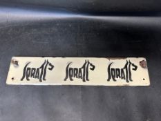 A Spratts enamel advertising sign, the brand forming the bodies of three dogs, 20 1/4 x 4 1/4