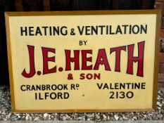 A J.E. Heath & Son Heating and Ventilation of Ilford wooden advertising sign, 38 x 25 3/4