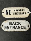 Two enamel door plaques: Back Entrance, 4 x 1 3/4