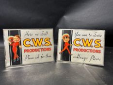 Two 1930s C.W.S. Productions pictorial tin advertising signs, each 8 x 6