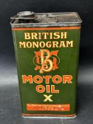 A British Monogram Oil Co. Ltd. Motor Oil X gallon can with pouring spout, cap and handle.