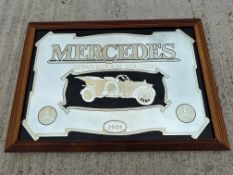 A mirror depicting a 1908 Mercedes, framed, 34 x 24