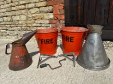 A Websters two gallon steel jug, a Shell gallon pourer, two fire buckets with mounting brackets
