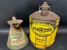 A Pennzoil Motor Oil five gallon can (USA) and a large Regent Super Green Paraffin jug.