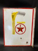 An early Texaco Golden part pictorial double sided enamel advertising sign with hanging flange