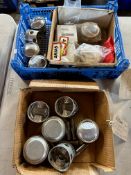 Two boxes of racing pistons etc.