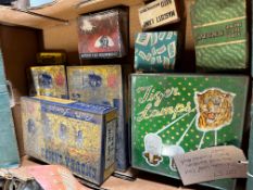 A quantity of new old stock bulbs including a Tiger Lamps tin (with contents), Lucas, Mascott,