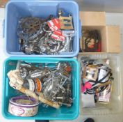 Four boxes of chain wheels, some re-nickelled, cranks, chains from various periods, sundries and toe