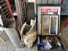 An autojumbler's lot inc. pictures, spares, trailer board, a Depth'o'meter etc.