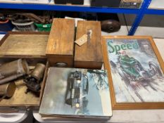 Three wooden storage boxes one containing blowtorches, five Mercedes dealership showroom photos