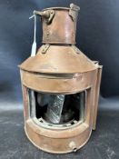 A copper ship's lamp with plaque to front: Bow Standard Patt. 24.